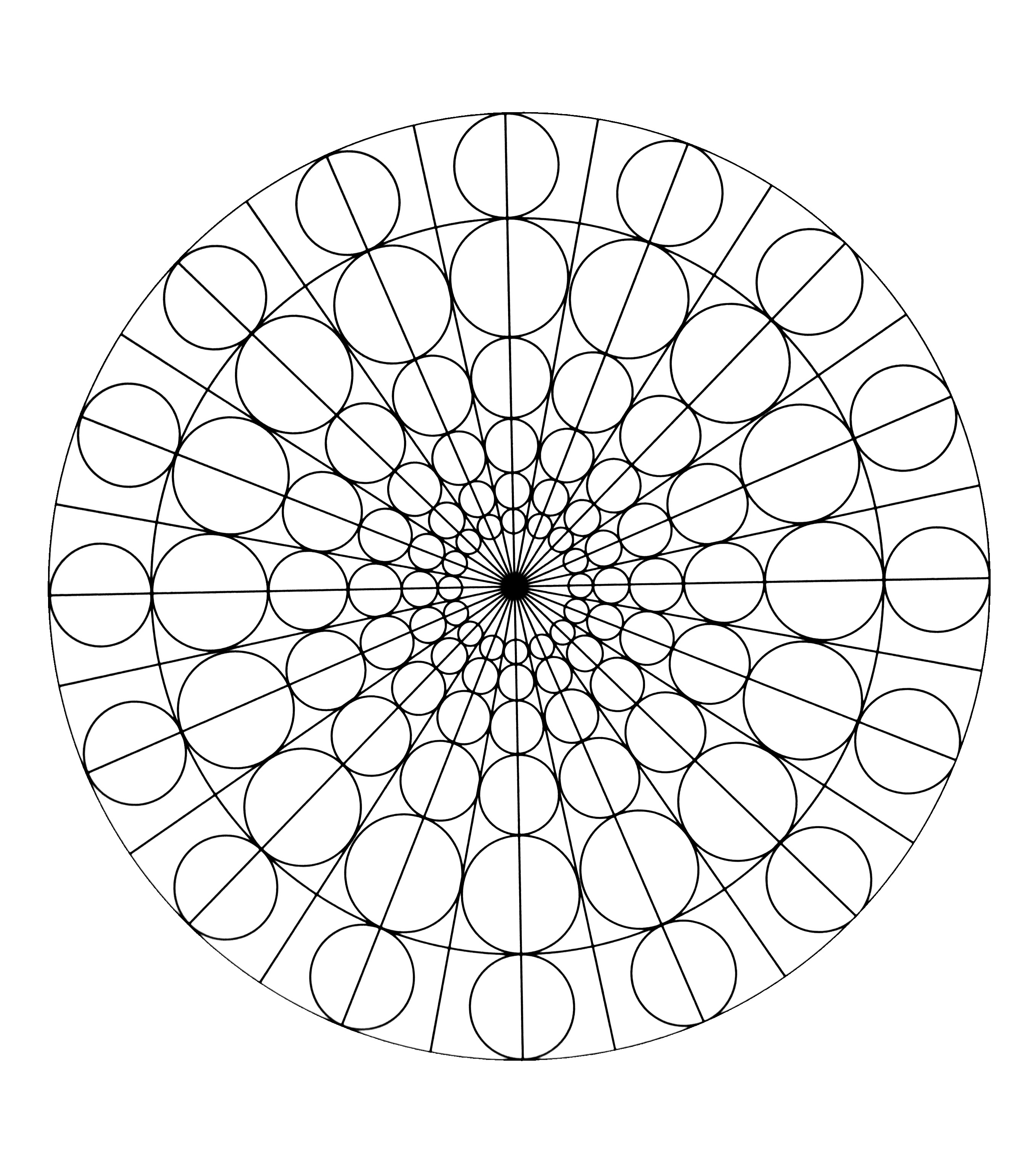Très joli mandala figurant plusieurs cercles de différentes tailles. Assez simple à colorier.